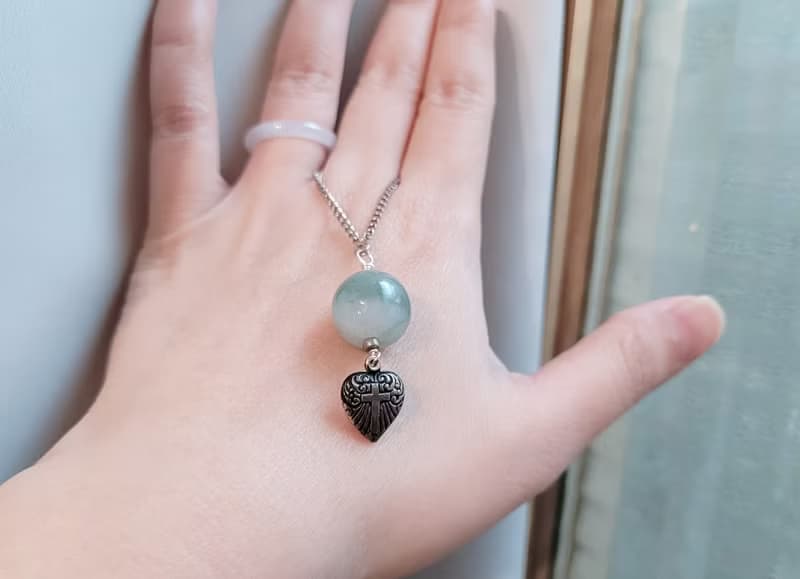 【親翠】天然翡翠 半山半水珠復古銀心項鍊 畢業禮物