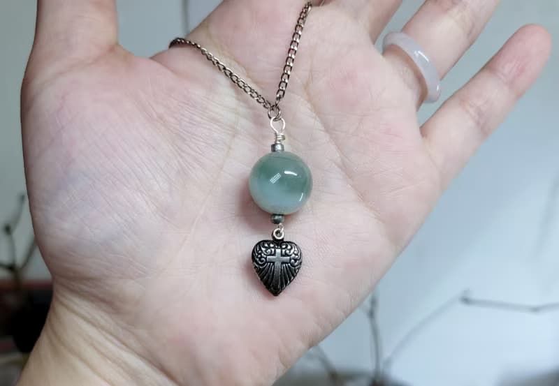 【親翠】天然翡翠 半山半水珠復古銀心項鍊 畢業禮物