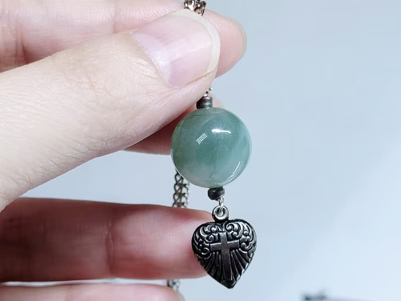 【親翠】天然翡翠 半山半水珠復古銀心項鍊 畢業禮物