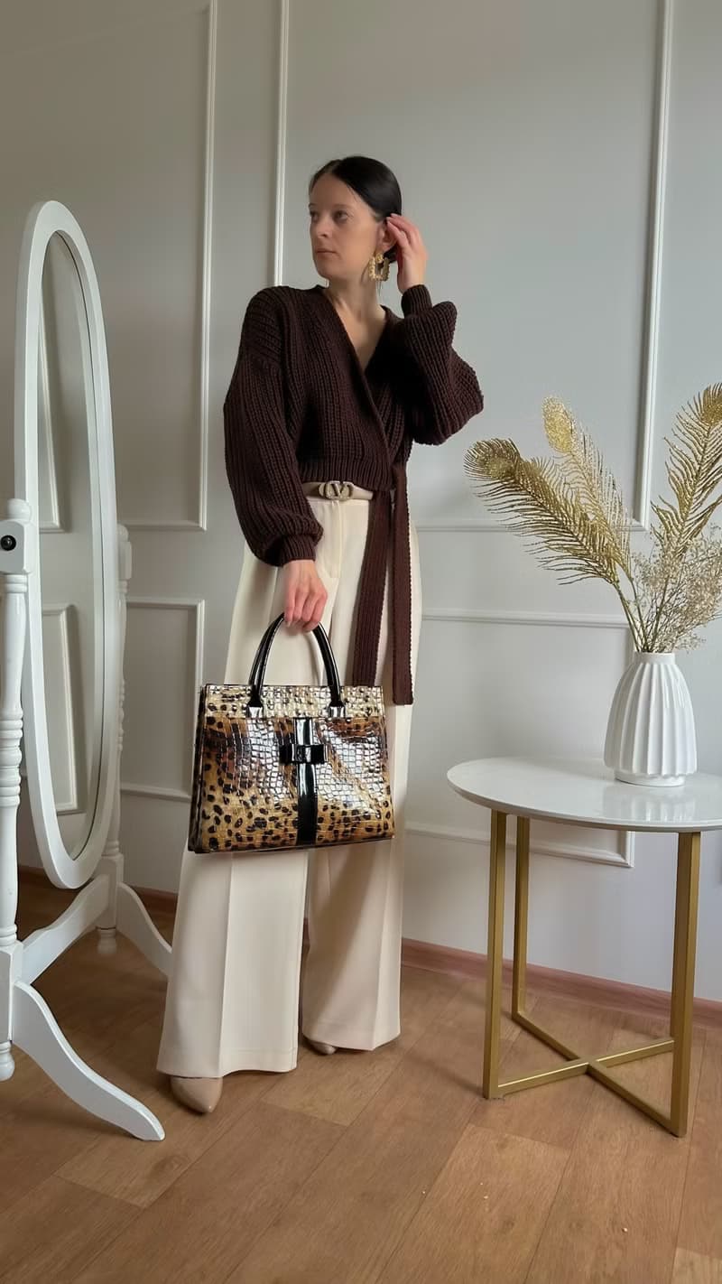 Brown knit sweater with belt Tie waist rib knit top Handmade sweater for women