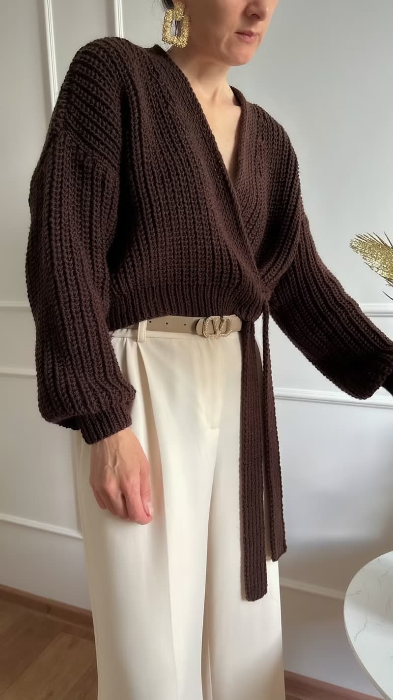 Brown knit sweater with belt Tie waist rib knit top Handmade sweater for women