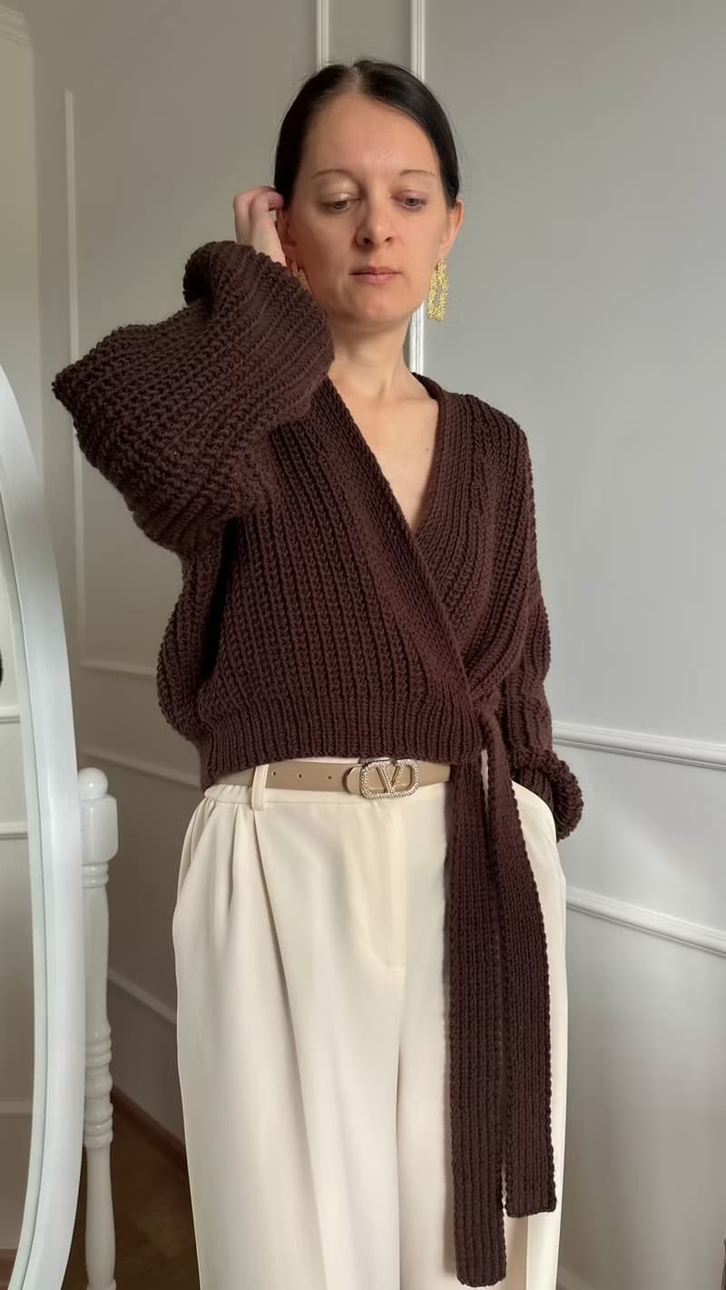 Brown knit sweater with belt Tie waist rib knit top Handmade sweater for women