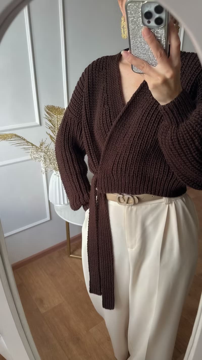 Brown knit sweater with belt Tie waist rib knit top Handmade sweater for women