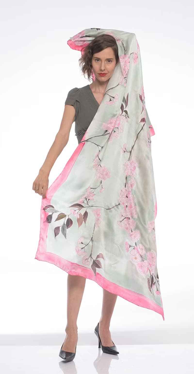 Silk satin shawl- Cherry Blossom/ Floral wrap/