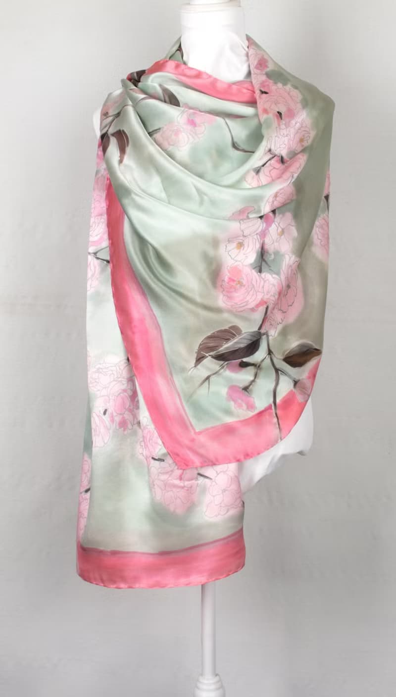 Silk satin shawl- Cherry Blossom/ Floral wrap/