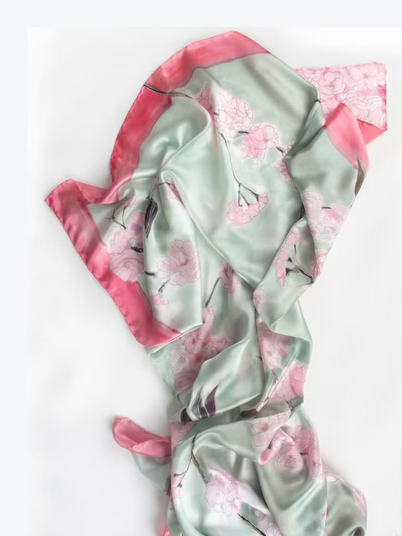 Silk satin shawl- Cherry Blossom/ Floral wrap/