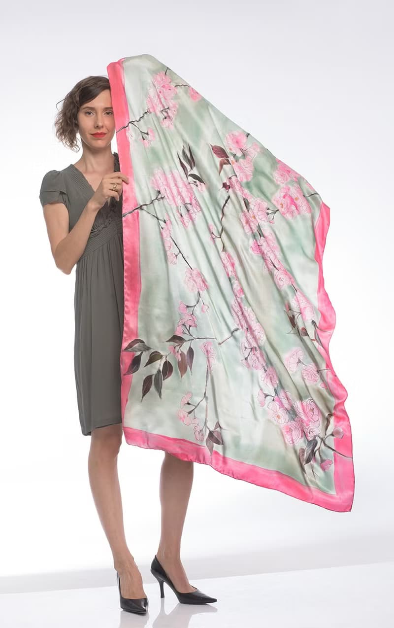Silk satin shawl- Cherry Blossom/ Floral wrap/
