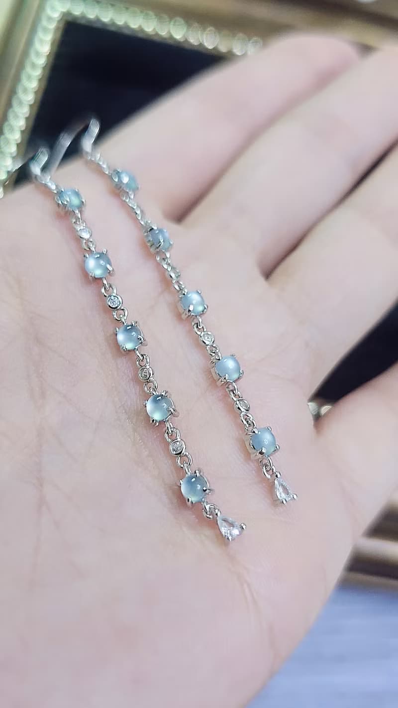 |歐美時尚藍剛|冰玻淡藍剛翡翠蛋面3mm純銀鍍18k多顆耳環