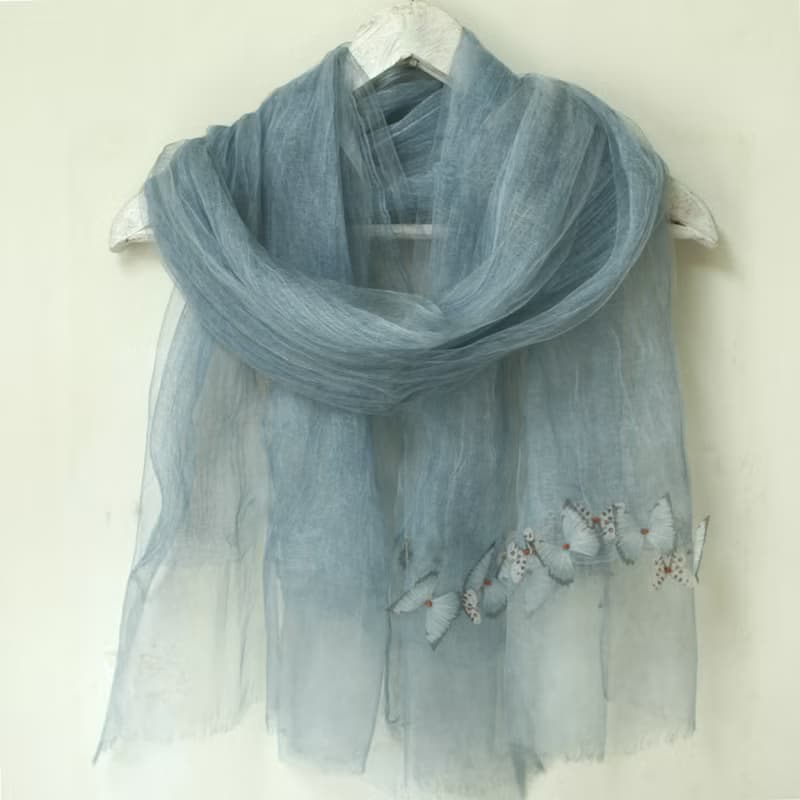 蝴蝶紗片+深淺色皺褶桑蠶絲薄紗雙層圍巾 晨曦藍 Scarf