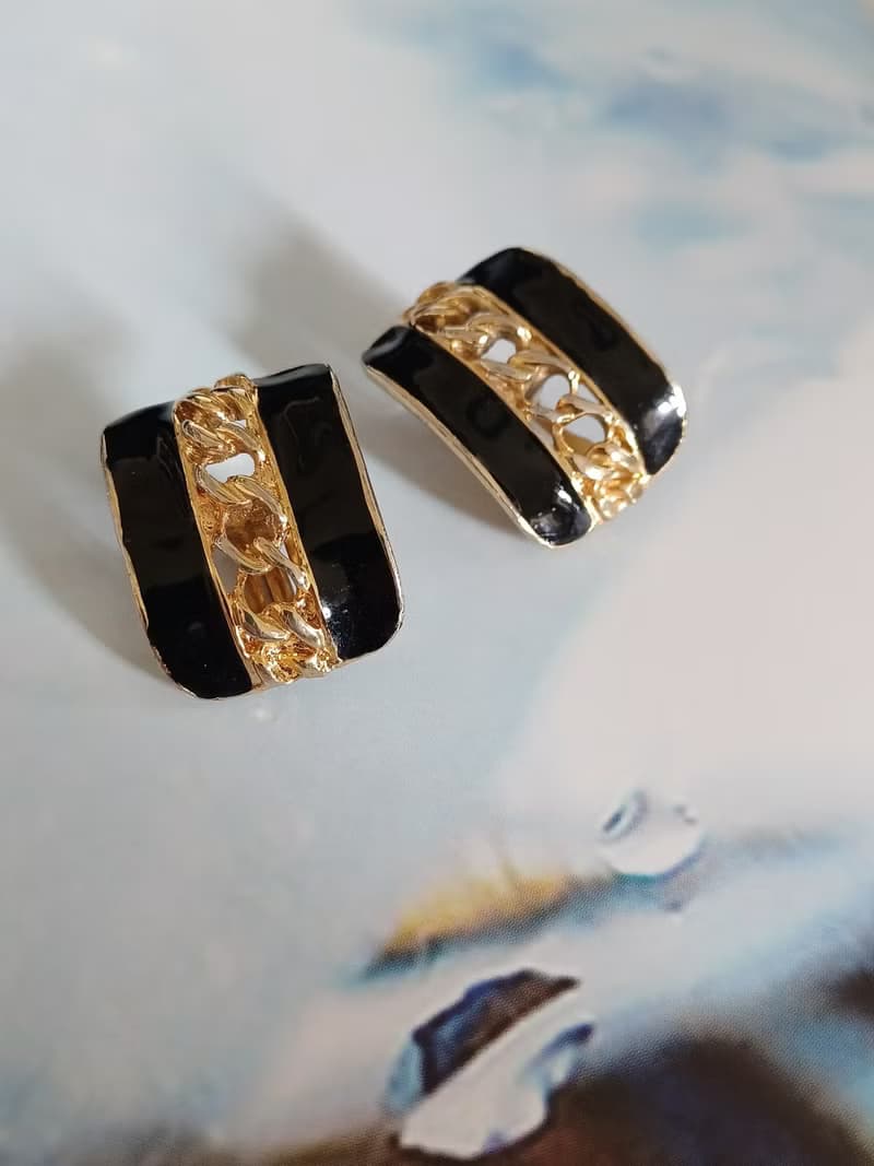 vintage jewelry  金色黑琺瑯夾式耳環