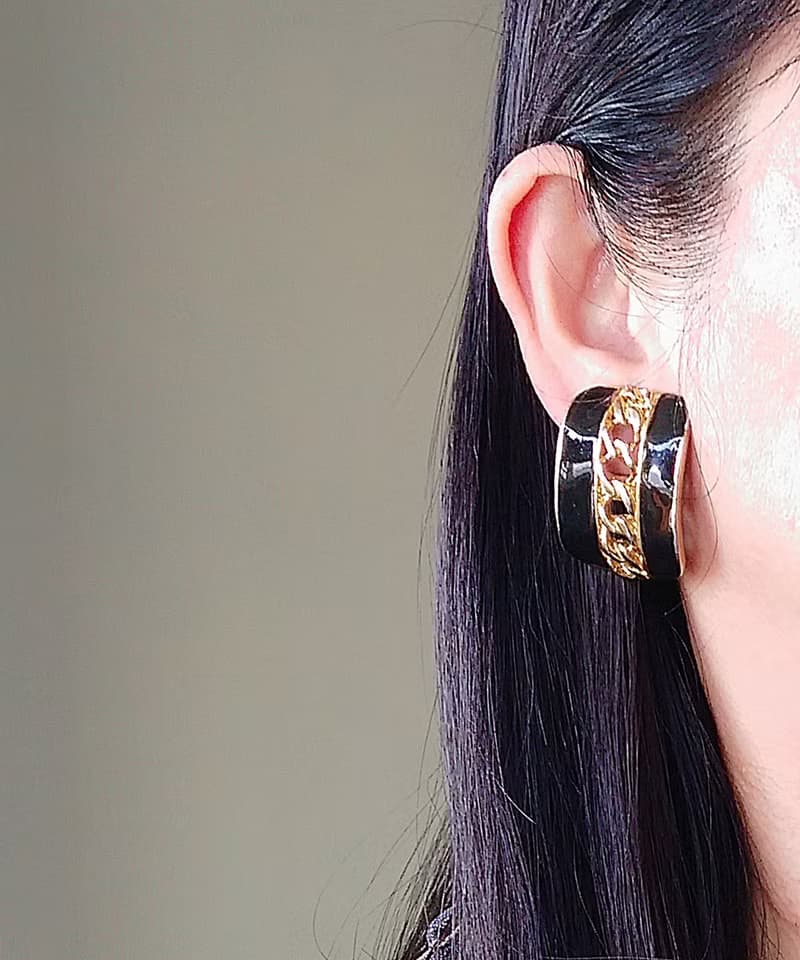 vintage jewelry  金色黑琺瑯夾式耳環