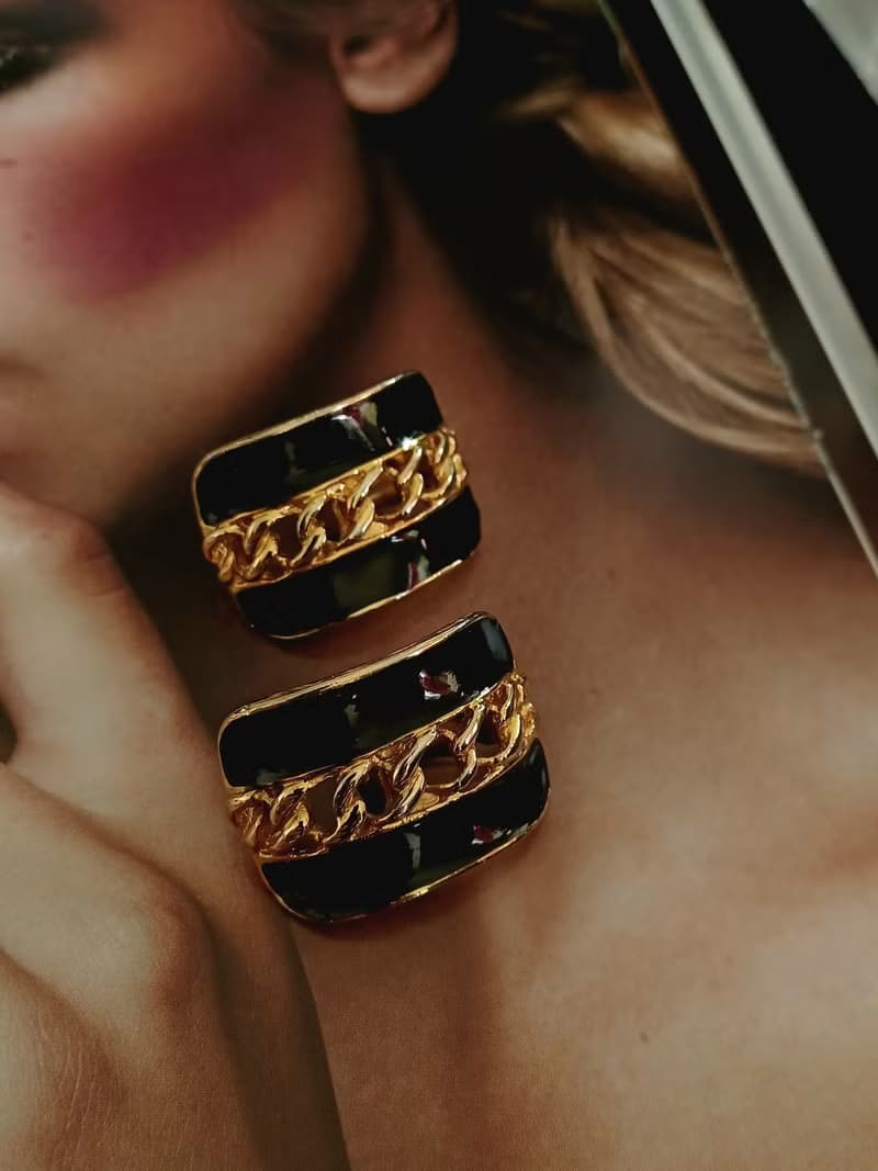 vintage jewelry  金色黑琺瑯夾式耳環