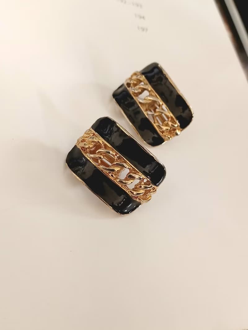 vintage jewelry  金色黑琺瑯夾式耳環