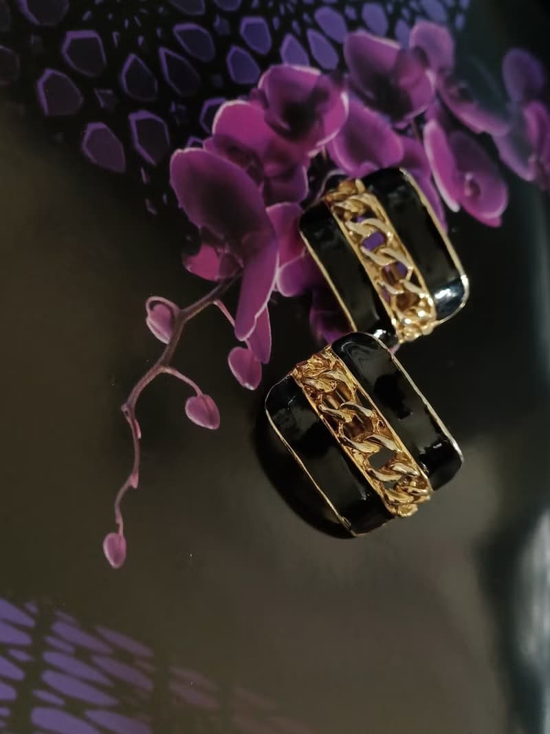 vintage jewelry  金色黑琺瑯夾式耳環