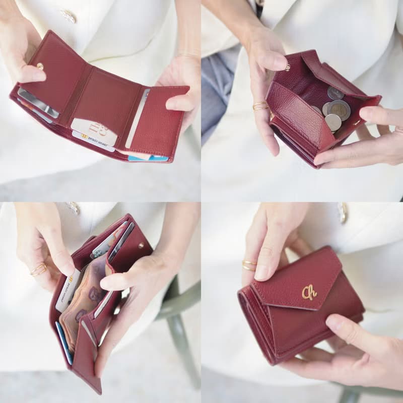 Maily (Burgundy) : Tri-fold wallet, short wallet, cow leather, Red velvet tone