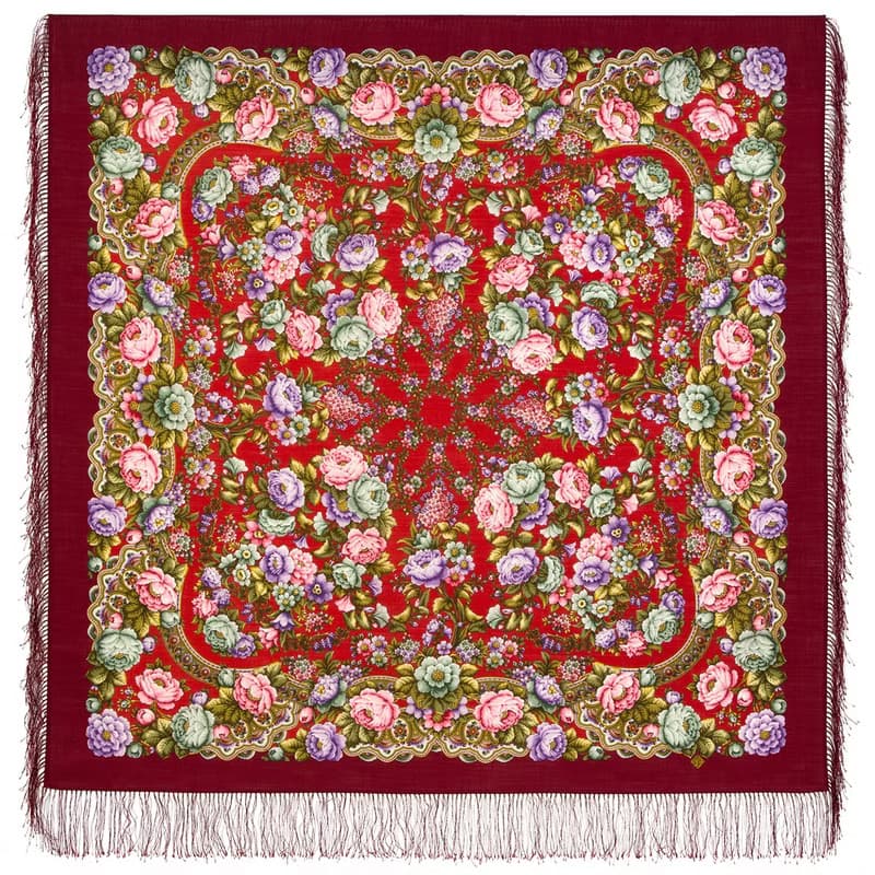 Pavlovo Posad Russian Shawl 100% Wool Scarf 125x125 cm Wrap Silk Fringe 2000-6