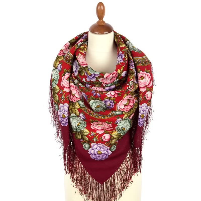 Pavlovo Posad Russian Shawl 100% Wool Scarf 125x125 cm Wrap Silk Fringe 2000-6