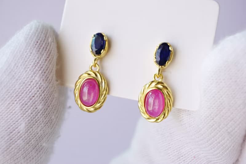 Natural Ruby and Blue Sapphire Drop Earrings Sterling Silver925 with gold plated