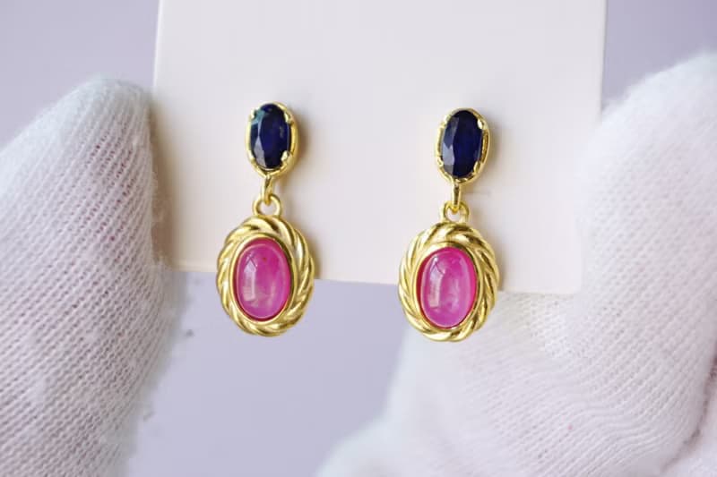 Natural Ruby and Blue Sapphire Drop Earrings Sterling Silver925 with gold plated