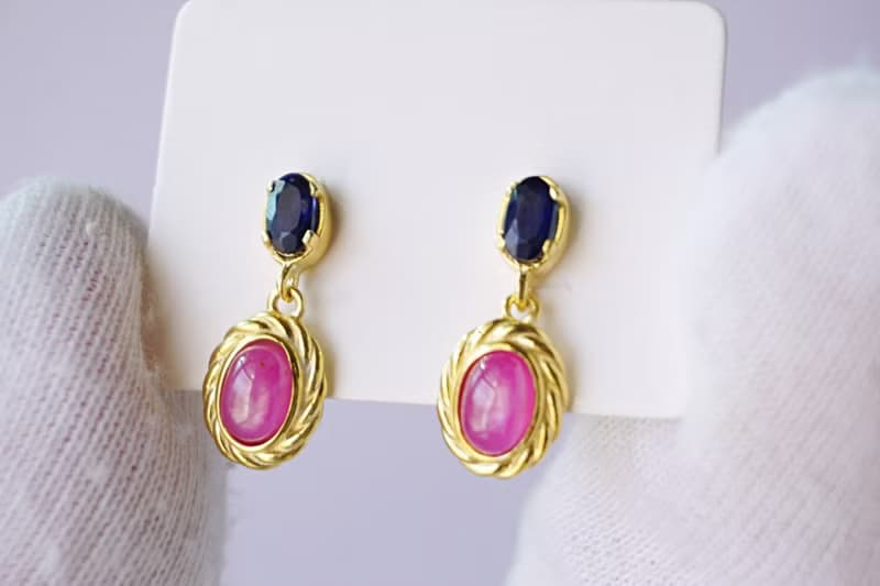 Natural Ruby and Blue Sapphire Drop Earrings Sterling Silver925 with gold plated
