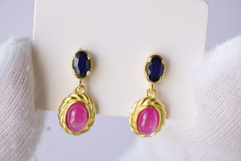 Natural Ruby and Blue Sapphire Drop Earrings Sterling Silver925 with gold plated