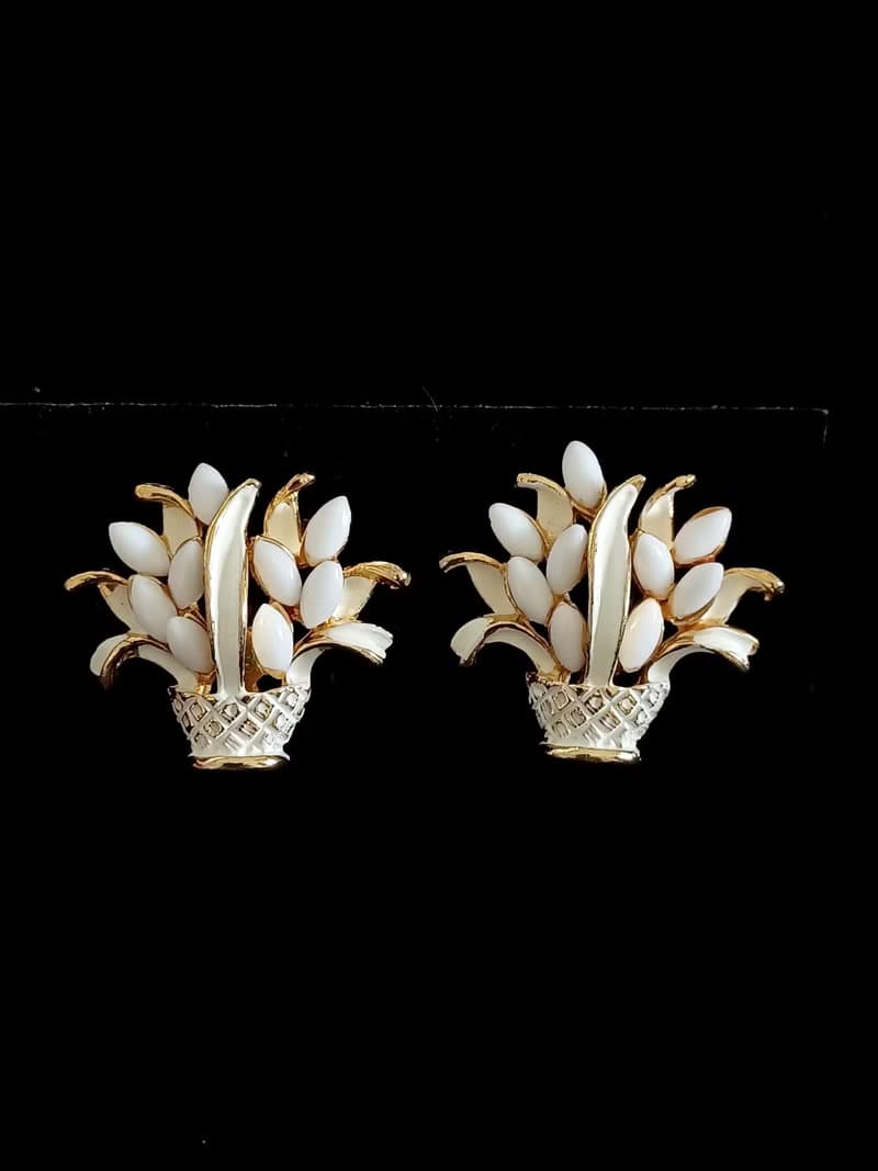 vintage jewelry  ART 白琺瑯花盆 夾式耳環