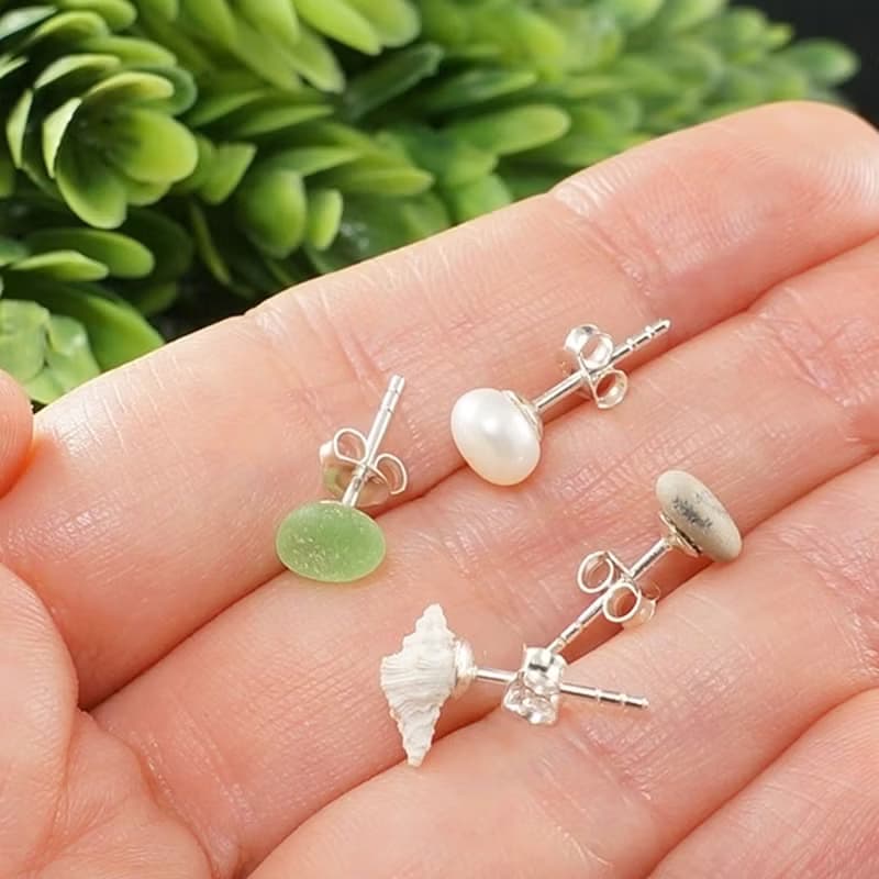 Post Earrings Set of 4 Silver Earring Posts Sea Glass Pearl Shell Pebble Studs