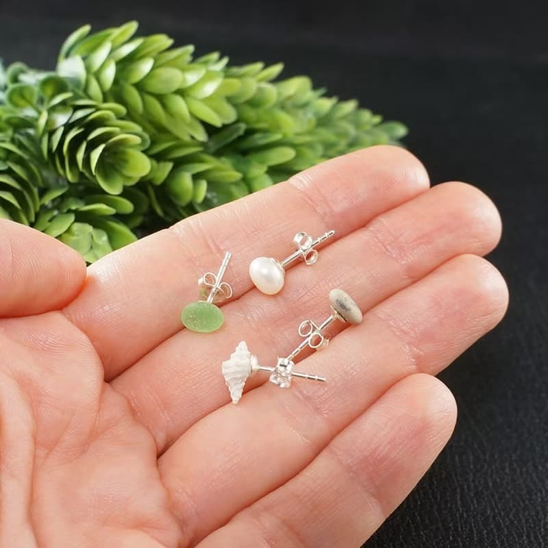Post Earrings Set of 4 Silver Earring Posts Sea Glass Pearl Shell Pebble Studs