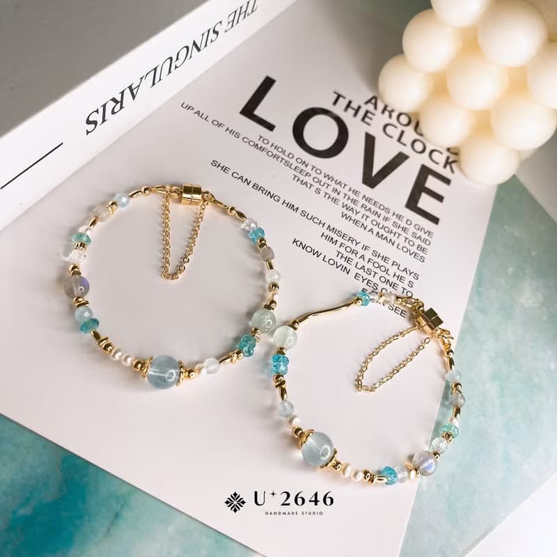 若水 海藍寶 藍磷灰 天然珍珠 拉長石 白水晶 磁吸扣礦石水晶手環