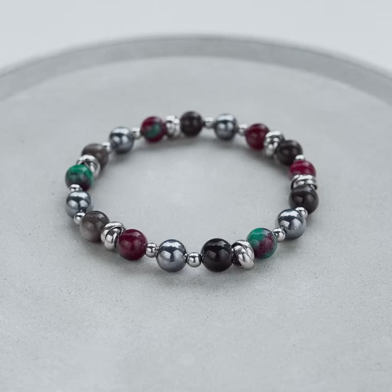 Unisex | 極晝系 - 霓 * 鈦赫茲 銀曜 紅綠寶 避邪除負能水晶手環