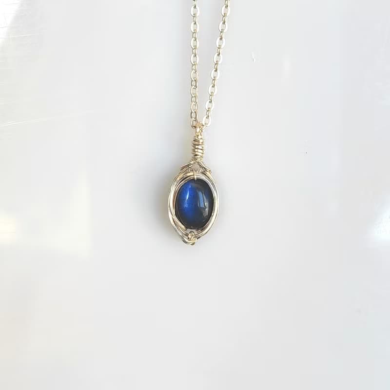 拉長石吊墜 黑色拉長石項鍊 純銀手工藍光拉長石鎖骨鏈