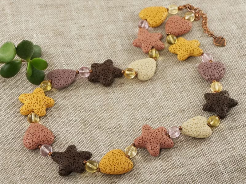 Orange Brown Yellow Beige Pink Lava Stone Star Heart Cookies Necklace Jewelry
