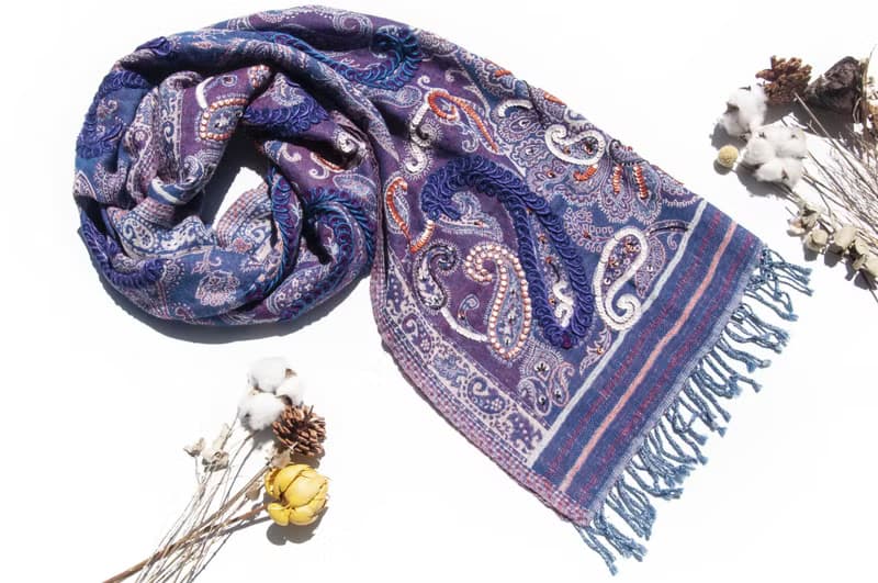 水煮羊毛披肩/針織圍巾/刺繡圍巾/羊絨披巾/喀什米爾Cashmere-花
