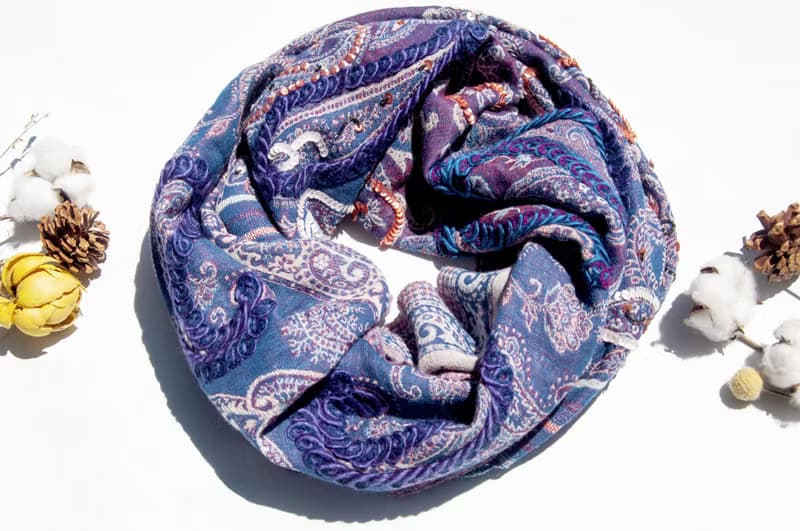水煮羊毛披肩/針織圍巾/刺繡圍巾/羊絨披巾/喀什米爾Cashmere-花