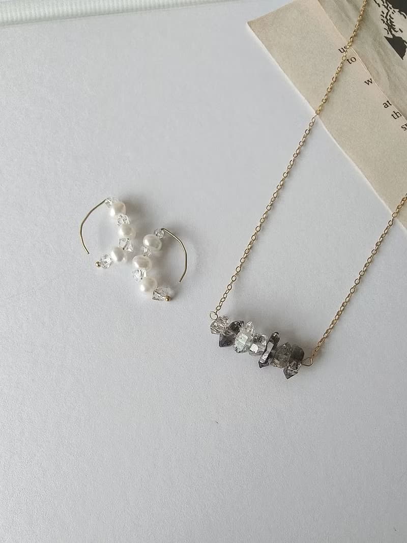 排鑽 稀有黑礦赫基默鑽石項鍊 Herkimer 美國閃靈鑽 SV925/ 14KGF