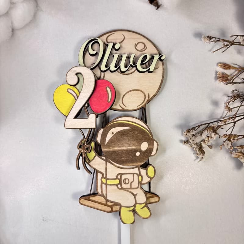 Astronaut Wood Custom Cake Topper - Hand Painted Birthday Keepsake - Custom Name