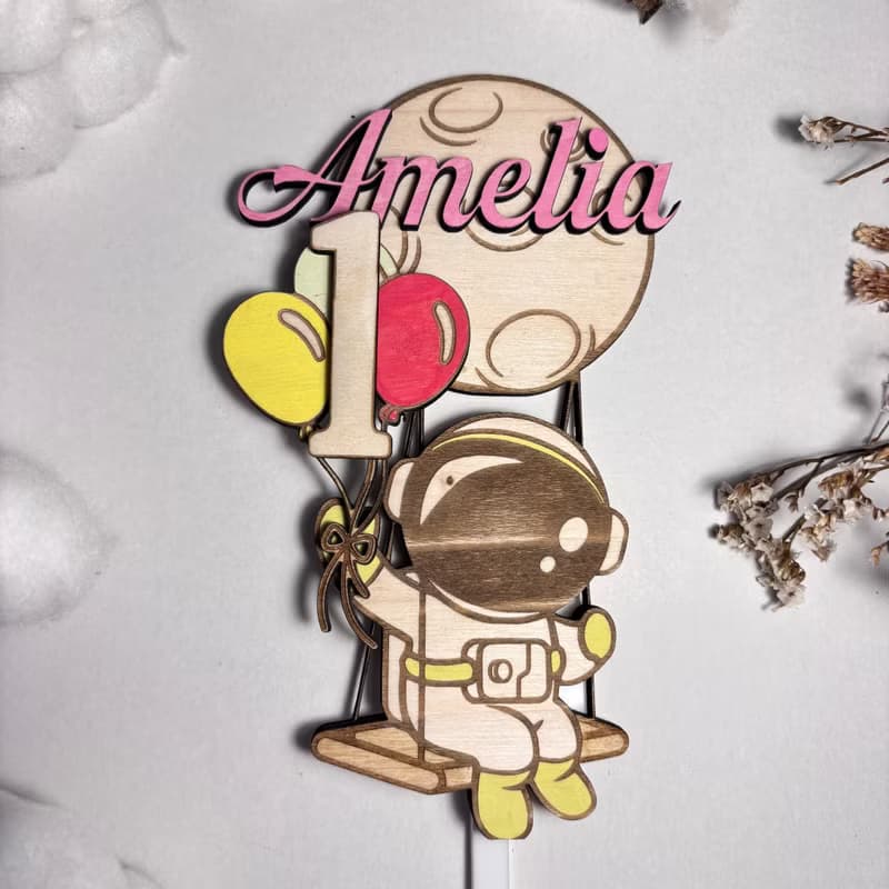 Astronaut Wood Custom Cake Topper - Hand Painted Birthday Keepsake - Custom Name