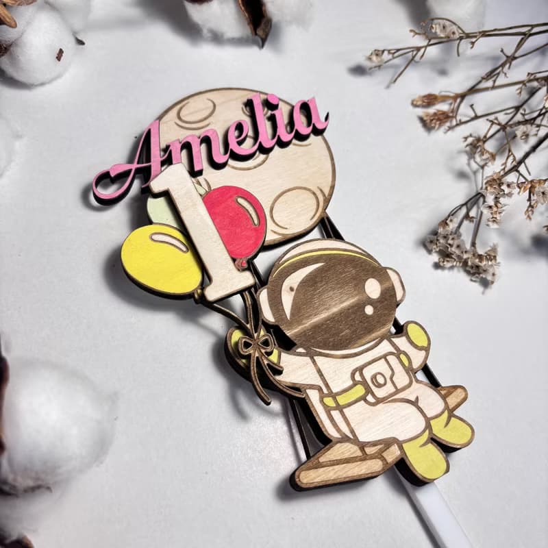 Astronaut Wood Custom Cake Topper - Hand Painted Birthday Keepsake - Custom Name