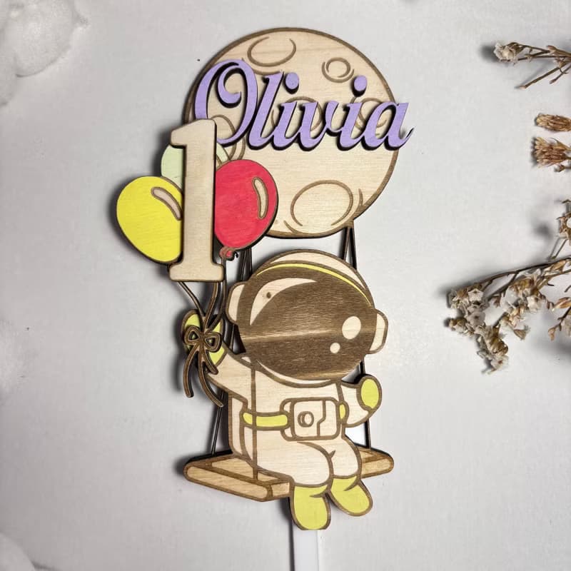 Astronaut Wood Custom Cake Topper - Hand Painted Birthday Keepsake - Custom Name