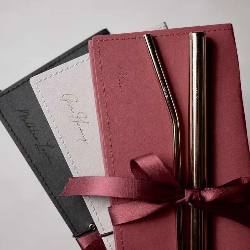 吸管攜帶組合 - 金屬吸管粗細組 水洗牛皮紙收納夾