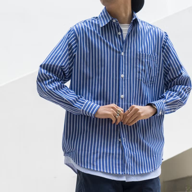 SHIRTS 日系寬松休閒條紋長袖襯衫 層次下襬拼接設計 cityboy