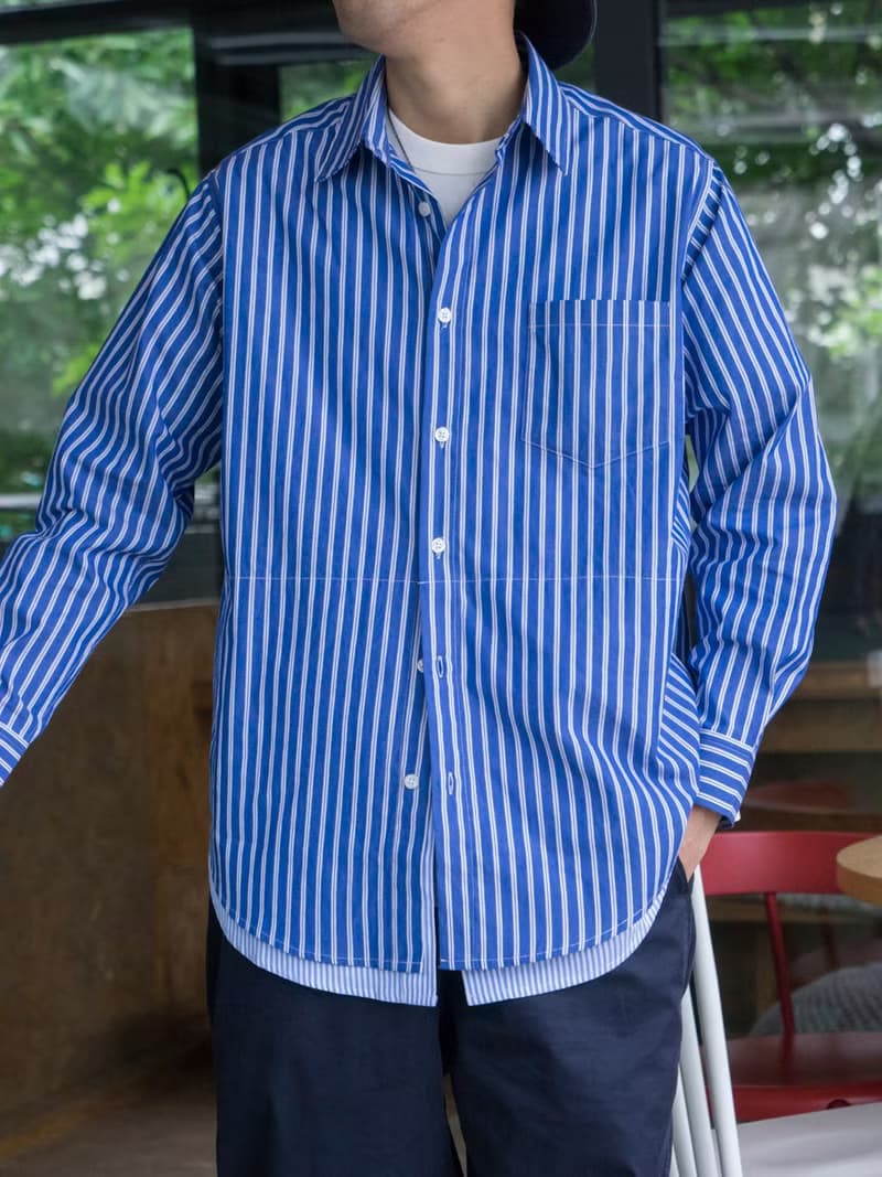 SHIRTS 日系寬松休閒條紋長袖襯衫 層次下襬拼接設計 cityboy