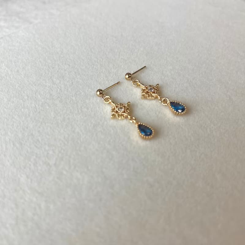 14K包金 蕾絲雕花藍眼淚耳環 耳夾 14KGF