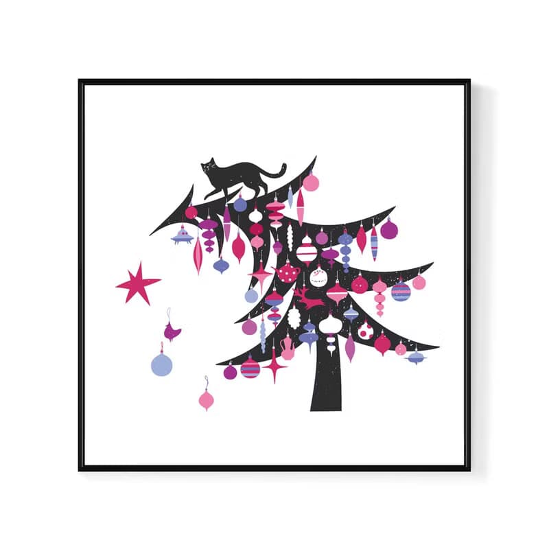 玩耍聖誕樹的貓-Xmas/禮物/節慶/慶祝/掛畫/裝飾/新居落成/寵物