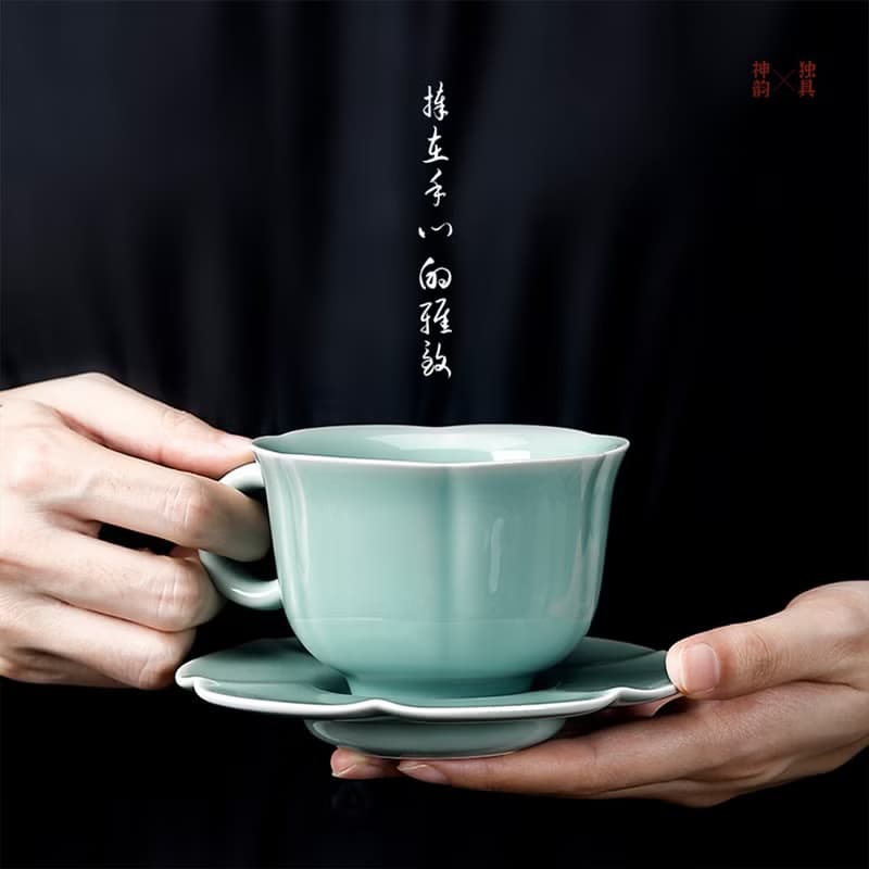 東作家 花口杯 龍泉青瓷咖啡杯子精緻下午中式茶具茶杯帶碟禮盒裝