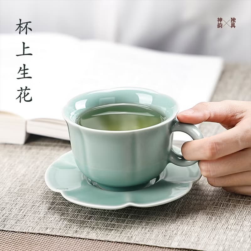 東作家 花口杯 龍泉青瓷咖啡杯子精緻下午中式茶具茶杯帶碟禮盒裝