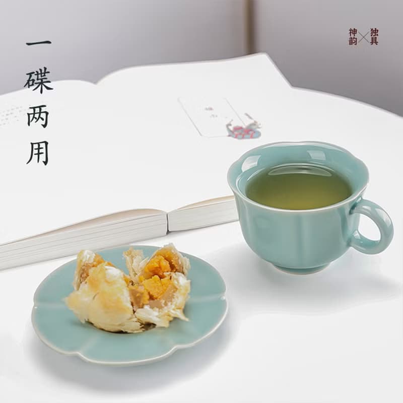 東作家 花口杯 龍泉青瓷咖啡杯子精緻下午中式茶具茶杯帶碟禮盒裝