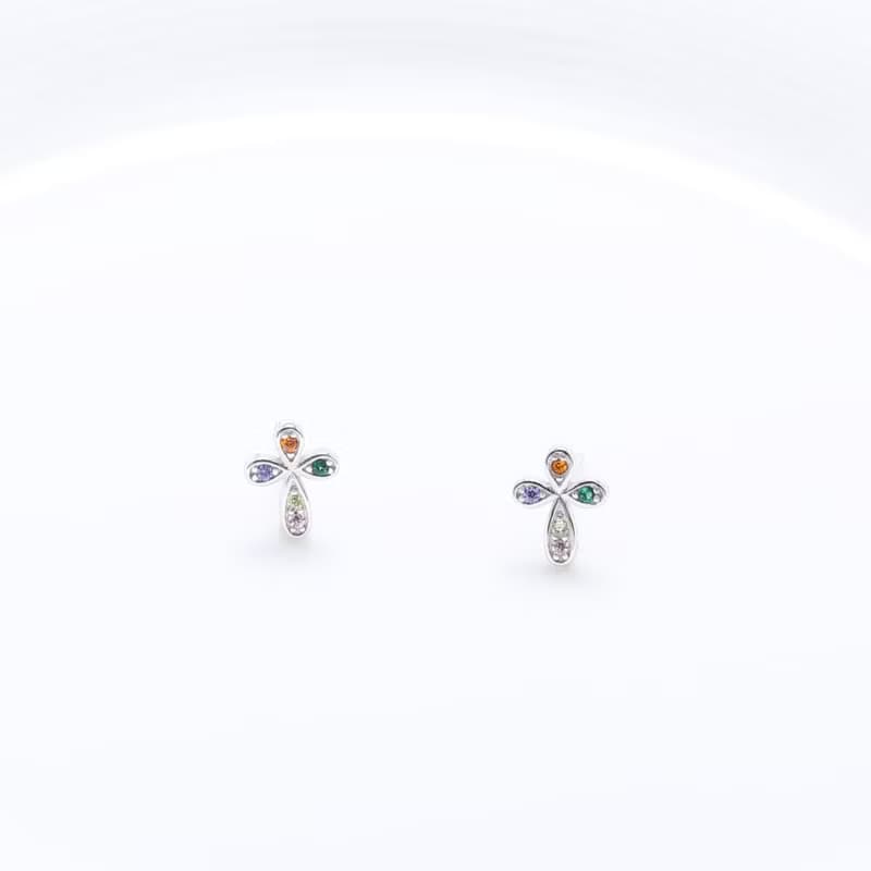 【Angel & Me】微鑲 彩鑽 十字架 s925 純銀耳環 耳夾 生日禮物