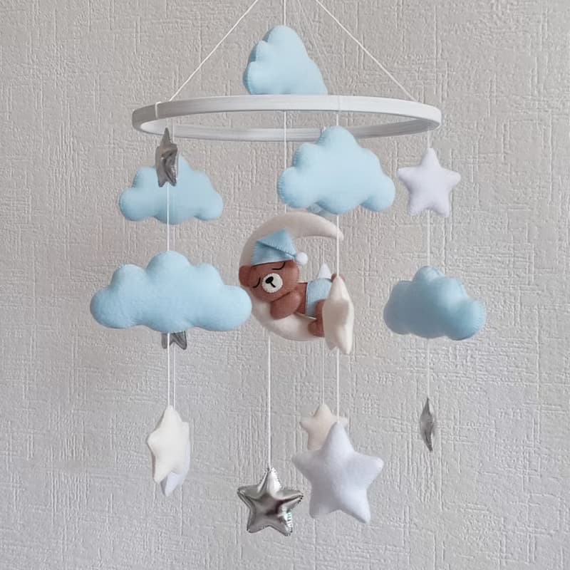 Bear baby crib mobile boy, Moon and stars nursery decor, baby shower gift