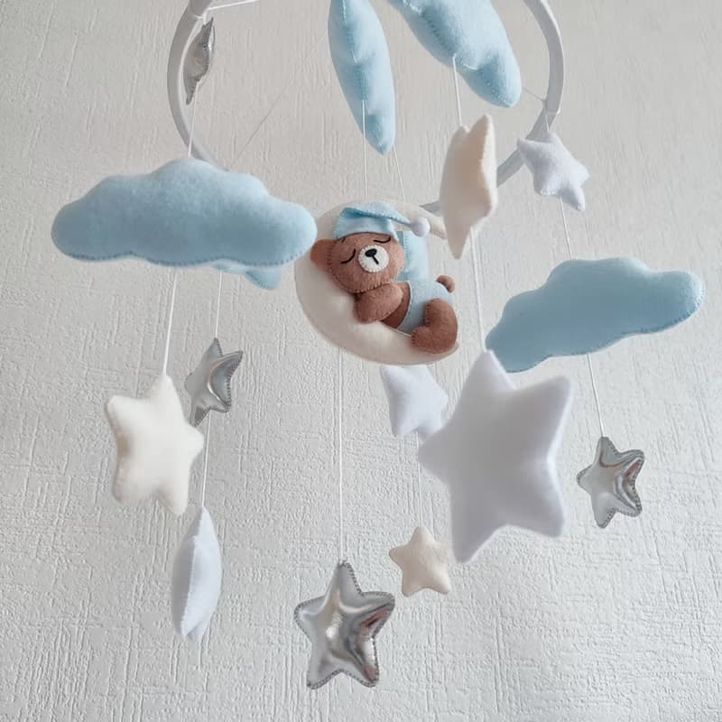 Bear baby crib mobile boy, Moon and stars nursery decor, baby shower gift